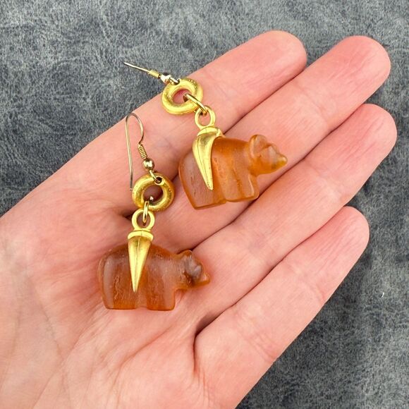 Vintage Bear Gold Tone Dangle Pierced Ear Earrings Pressed Molded Amber (?) - Picture 11 of 12